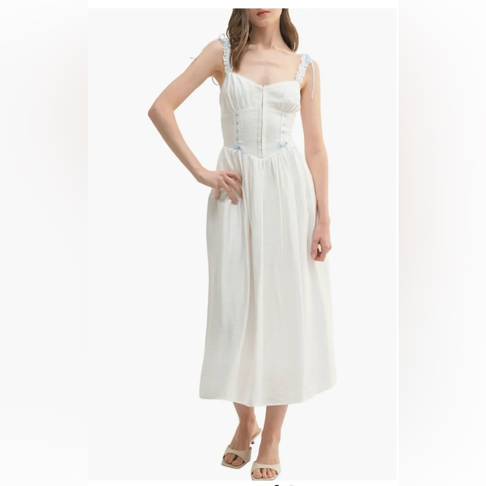 Lush Lace Trim Corset White Blue Women’s Midi Dress Size Small NWT